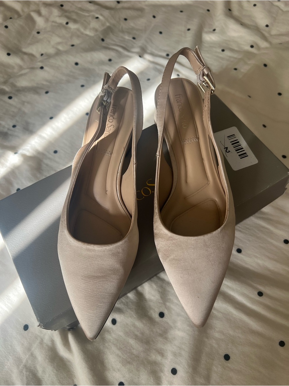 Franco Sarto Satin Slingback Block Heel Pumps in Champagne Pink